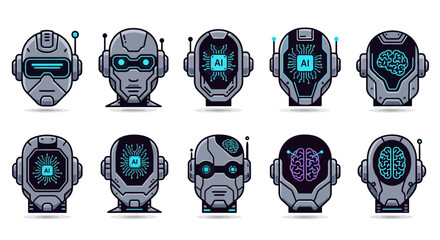Collection of Twelve Futuristic Robot Heads with Circuitry and Brain Designs.