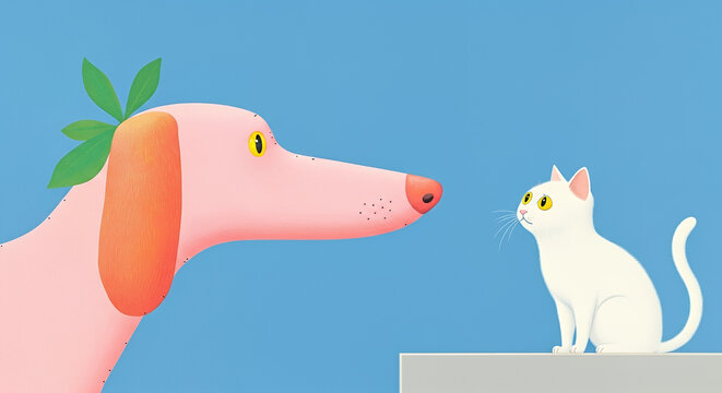 Whimsical dog and cat illustration with curious expressions on a bright blue background