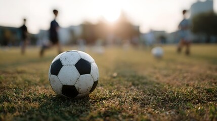 A soccer ball rests on a grassy field with children playing soccer in the blurred background during sunset