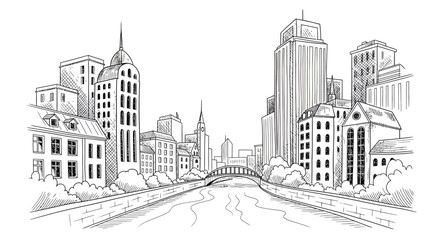 Fototapeta premium Architectural cityscape drawing with river running through the urban center perspective view