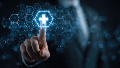 A person in a suit touches a glowing digital plus sign within a hexagonal network of healthcare icons, suggesting technological advancements in medicine or digital health