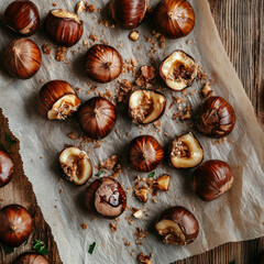 Obraz premium Roasted chestnuts on parchment paper over rustic wooden table