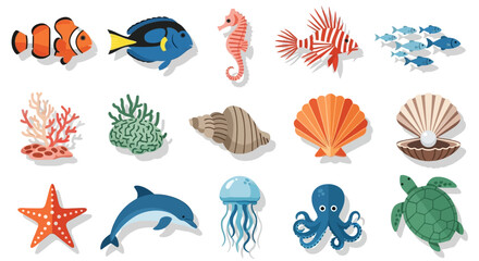 Colorful Cartoon Collection of Ocean Creatures and Coral.