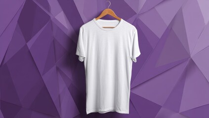 A plain white t-shirt hangs on a wooden hanger against a geometric purple backdrop of triangular shapes