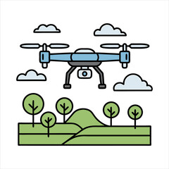 Drone camera aerial technology flight sky landscape, flat design vector illustration
