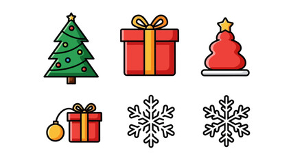 Colorful Christmas Icons Set - Festive Tree, Gifts, and Snowflakes Illustrations.