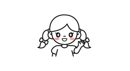 Obraz premium Charming line art depiction of a cheerful young girl waving hello with rosy cheeks