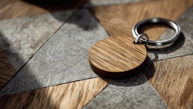 A circular wooden keychain with a silver metal ring rests on a geometric wood and stone tiled surface, cast in sunlight