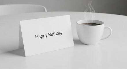 Birthday morning coffee and simple white card on a minimalist table with steam