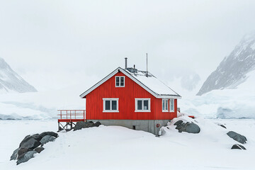 An isolated Arctic research station stands against a snowy mountain backdrop made generative AI
