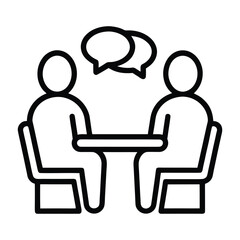 Two people sitting at a table with speech bubbles above them conversation discussion