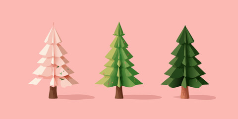 Three stylized trees, pink, light-green and dark-green