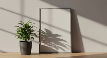 Sun-drenched Minimalist Mockup: Blank Frame and Potted Plant with Dramatic Window Shadows