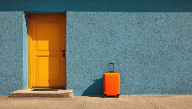 Vibrant orange suitcase at a doorway - Powered by Adobe