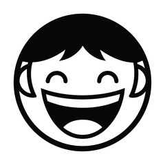 Black and white cartoon face laughing with open mouth and closed eyes happy