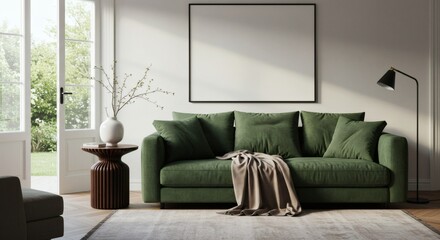 Sun-Drenched Sanctuary: Green Sofa and Blank Canvas Overlooking a Lush Garden