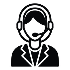 Black and white icon of a person wearing a headset and suit microphone