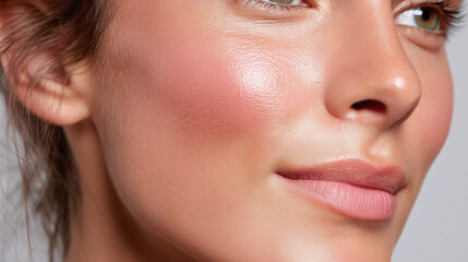 Ultra close up of smooth cheek with natural blush powder makeup, soft skin texture and subtle glow, highlighting healthy youthful complexion and gentle smile