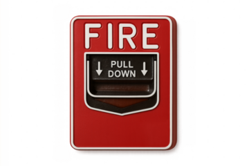 Red fire alarm pull station on transparent background