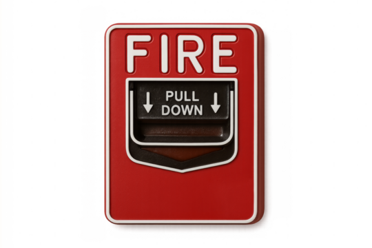 Red fire alarm pull station on transparent background