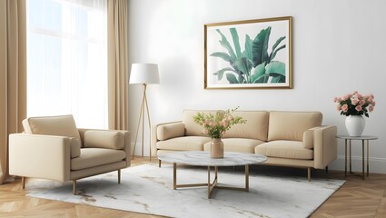 Real photo of white wooden cupboard with vase with flowers and decor standing in bright grey living room interior with poster with cloth stock photo