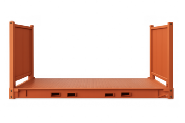 Orange flat rack shipping container on transparent background