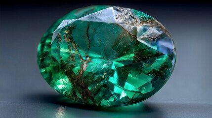 Fototapeta premium Deep Green Emerald Gemstone with Natural Flaws and Inclusions, Showcasing Raw Beauty and Luxury against a Dark Background.