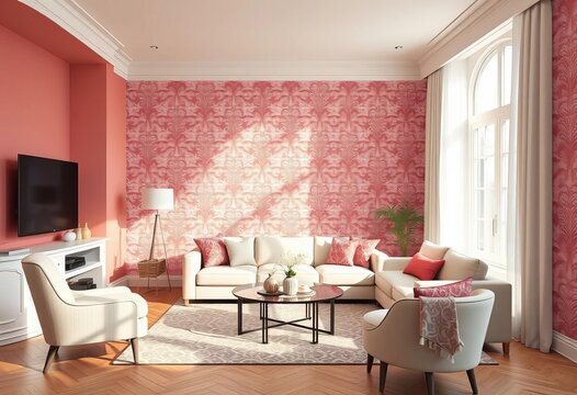 Fototapeta Elegant damask wallpaper mockup in a sunlit living room,  office,  decoration