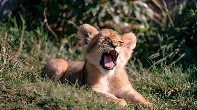 A cute lion cub yawning while resting in the grass