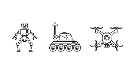 Naklejka premium Hand-drawn set of technology icons - a humanoid robot, a wheeled rover, and a quadcopter drone with a stippled line art style.