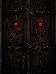 Haunting mechanical eyes glow red within dark industrial structure with chains