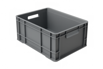 Empty grey plastic storage crate on transparent background