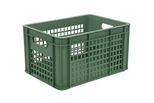 Green plastic storage crate with transparent background