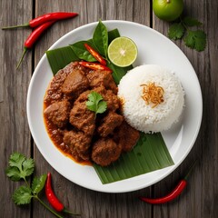 Flat lay photo of Padang rendang with white rice.