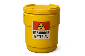 Yellow hazardous material storage barrel with radiation warning