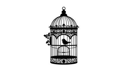 Ornate birdcage silhouette with floral embellishments and a solitary bird inside its cage
