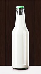 Clear glass bottle filled with white liquid and a green cap