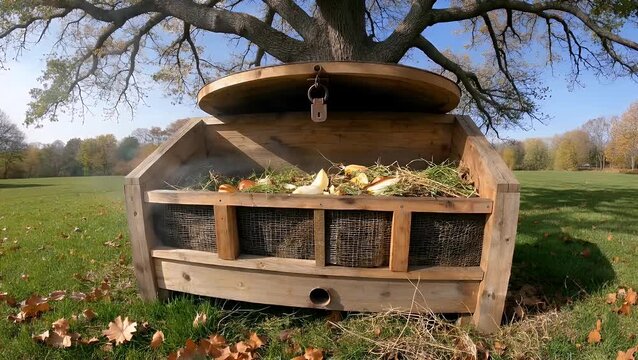 Enclosed Wooden Composting Bin with Mesh Sides Containing Kitchen Scraps and Yard Waste in Meadow