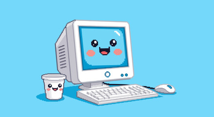 Retro pixelated computer with friendly face and a smiling coffee cup icon vector