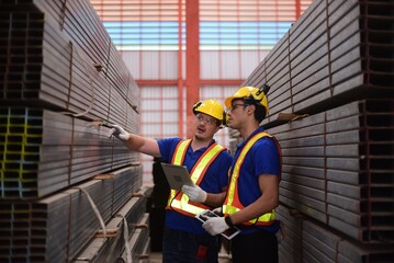 Senior engineers wearing safety uniforms and holding tablets teach or train trainee engineers about manufacturing processes in a formed steel pipe storage area in industrial plants.