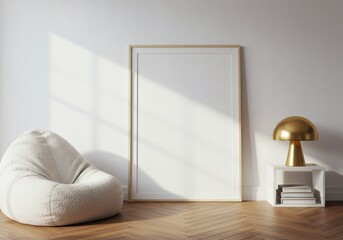 Sun-Kissed Minimalist Mockup: Blank Frame, Boucl? Chair, and Gold Lamp on Herringbone Floor.