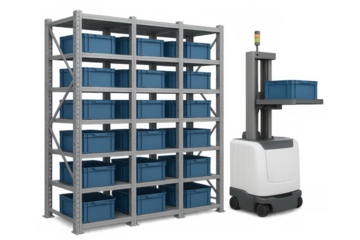 Automated guided vehicle picking container from warehouse shelving