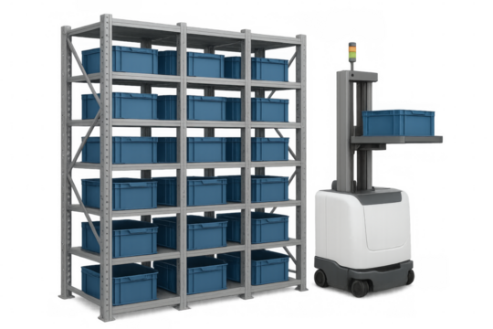 Automated guided vehicle picking container from warehouse shelving
