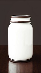 White glass mason jar with metal lid on a dark wooden table