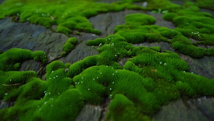 Vibrant green moss covering ancient stones in a lush forest detail close-up