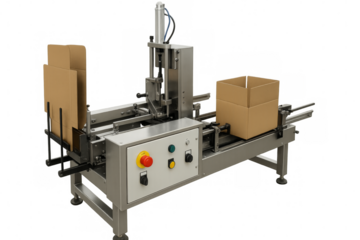 Cardboard box forming automation machine on transparent background