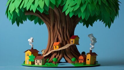 Whimsical miniature village nestled within an enchanting handmade tree sculpture