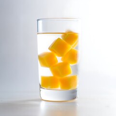 Refreshing clear glass filled with water and bright yellow fruit cubes studio shot