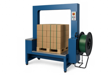 Strapping machine securing cardboard boxes on wooden pallet