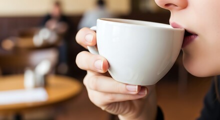 Autumn Moment with Hot Drink &ndash; Close-Up of Person Sipping Coffee or Tea Outdoors in Cozy Setting